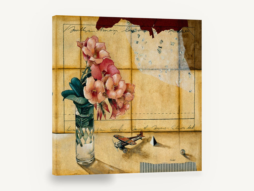 Trumpet Flowers and Toy Plane, pink trumpet flower vintage still life, floral canvas wall art print ready to hang