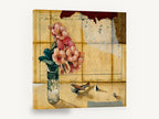 Trumpet Flowers and Toy Plane, pink trumpet flower vintage still life, floral canvas wall art print ready to hang