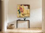 Trumpet Flowers and Toy Plane floral canvas print on the wall of a hallway