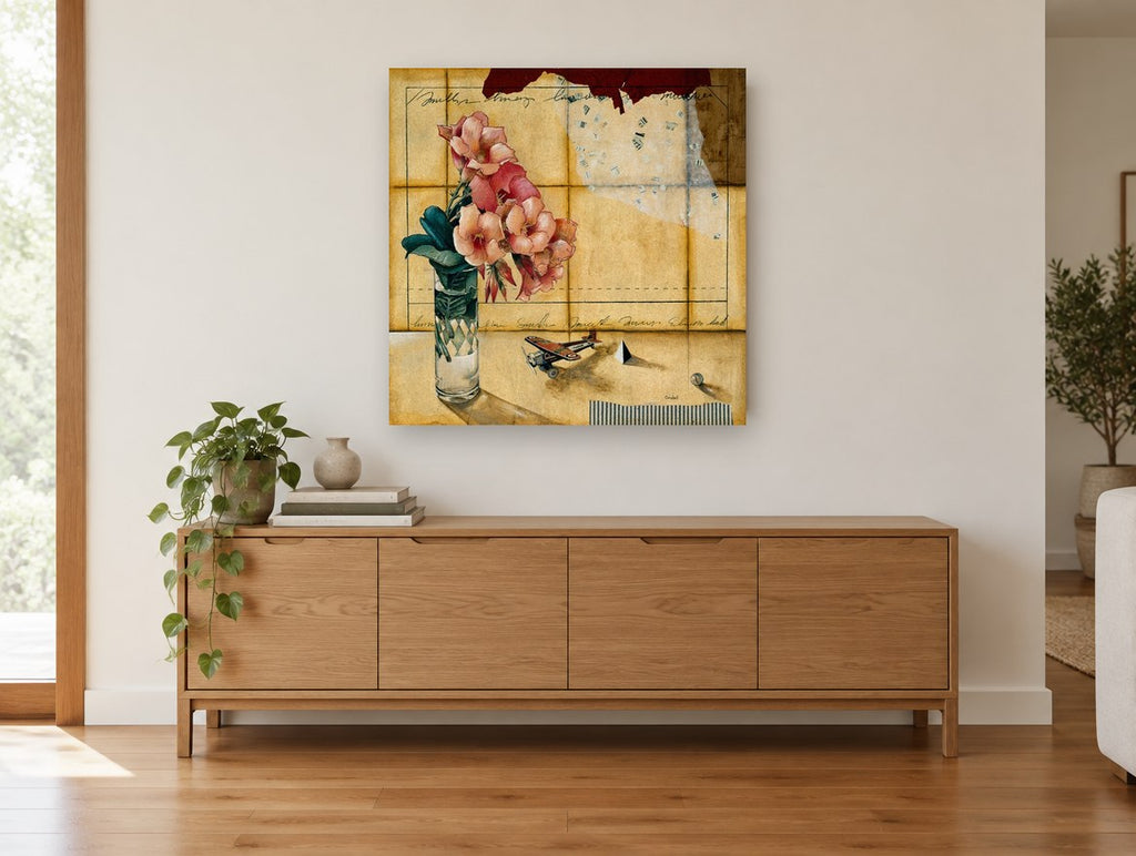 Trumpet Flowers and Toy Plane floral canvas print on the wall of a living room above a sideboard