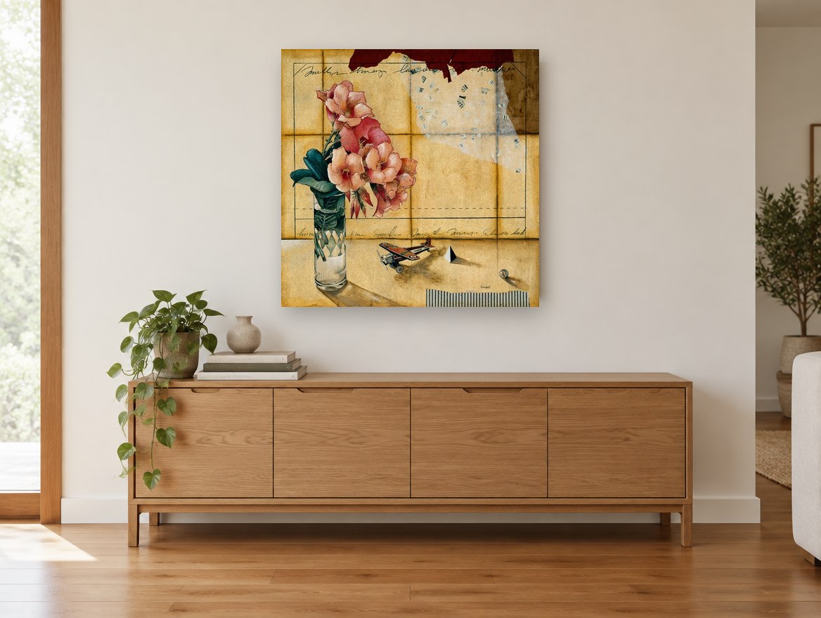 Trumpet Flowers and Toy Plane floral canvas print on the wall of a living room above a sideboard