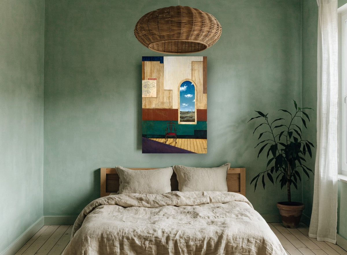 Window to the Village landscape canvas print on the wall of a bedroom