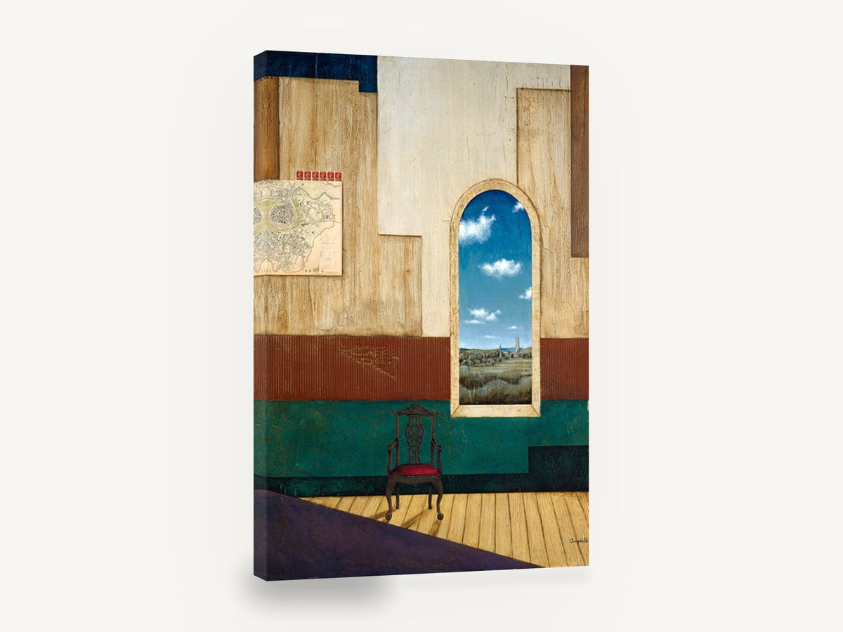 Window to the Village, surreal interior chair window landscape, landscape canvas wall art print ready to hang