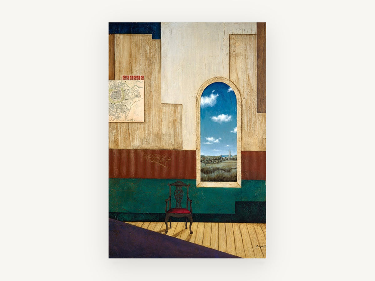 Window to the Village, surreal interior chair window landscape, landscape canvas wall art print, front view