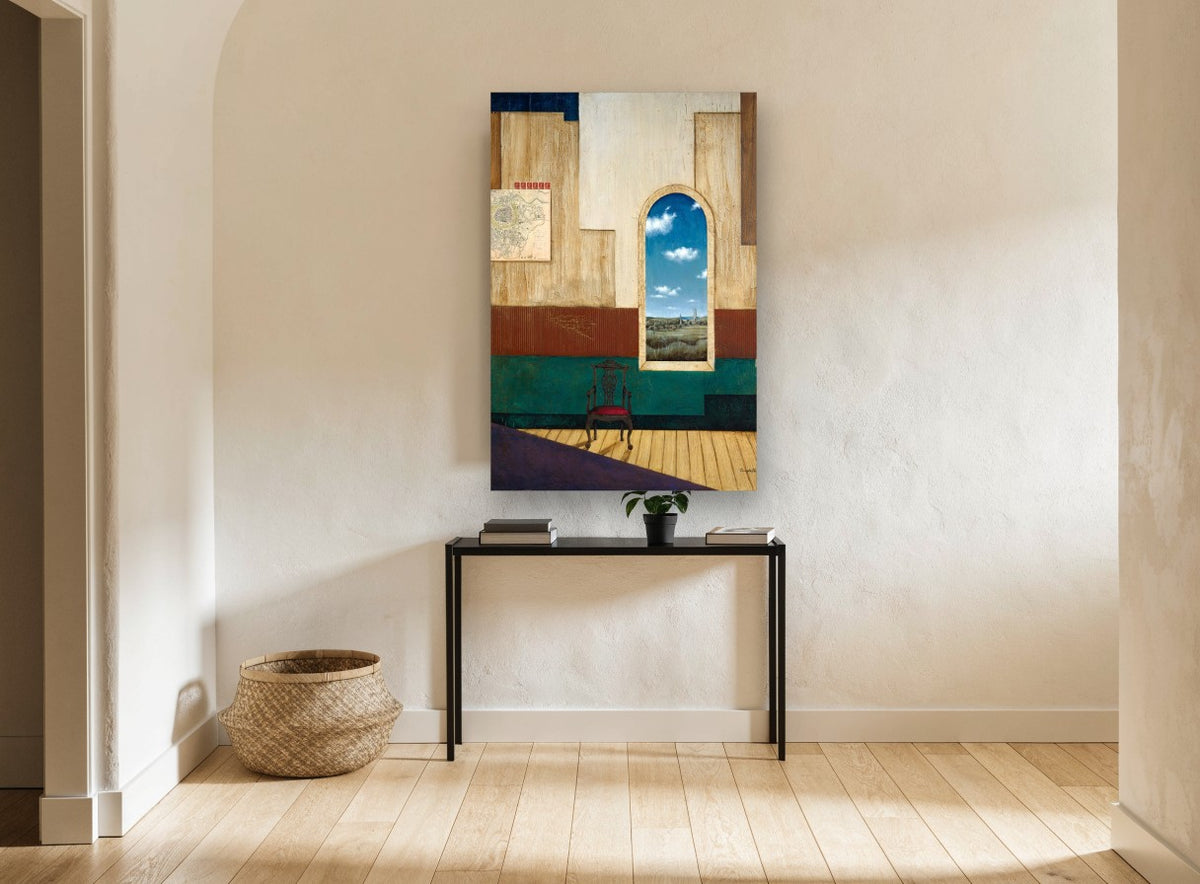 Window to the Village landscape canvas print on the wall of a hallway