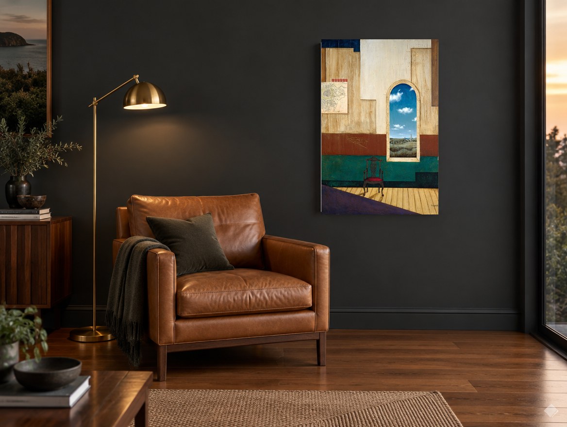 Window to the Village landscape canvas print on the wall of a charcoal living room