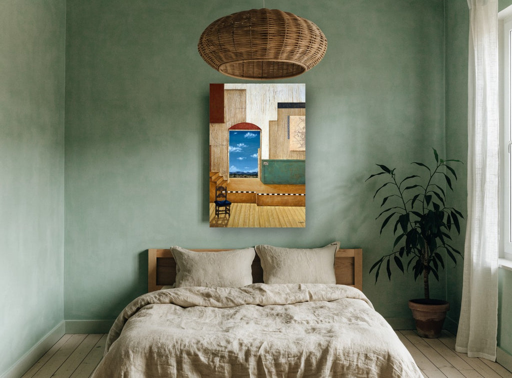 Doorway to Blue Hills landscape canvas print on the wall of a bedroom