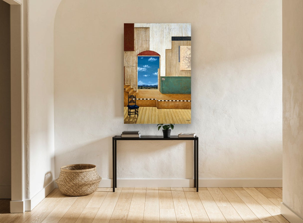 Doorway to Blue Hills landscape canvas print on the wall of a hallway