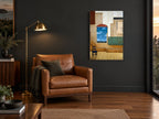 Doorway to Blue Hills landscape canvas print on the wall of a charcoal living room