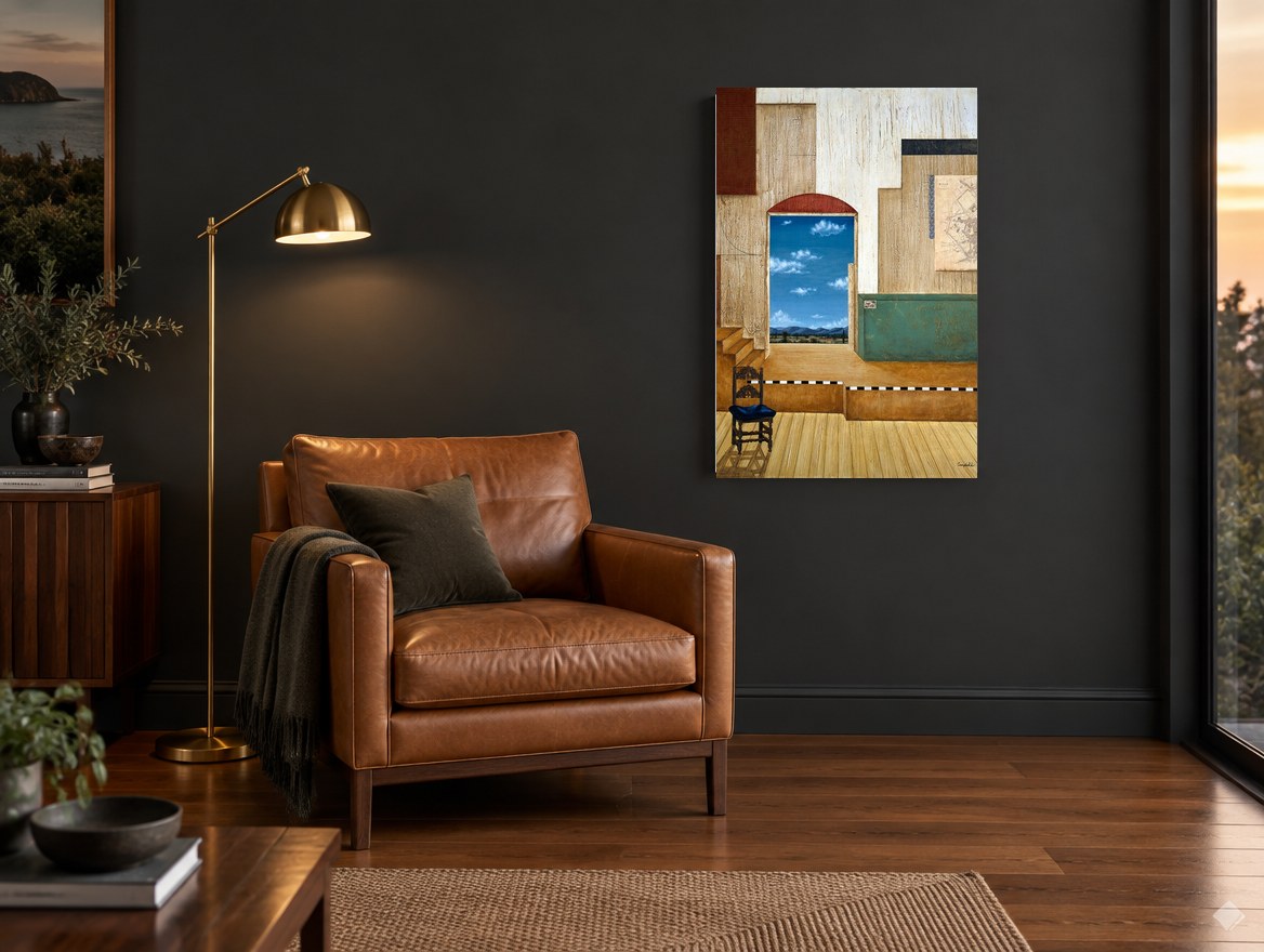 Doorway to Blue Hills landscape canvas print on the wall of a charcoal living room