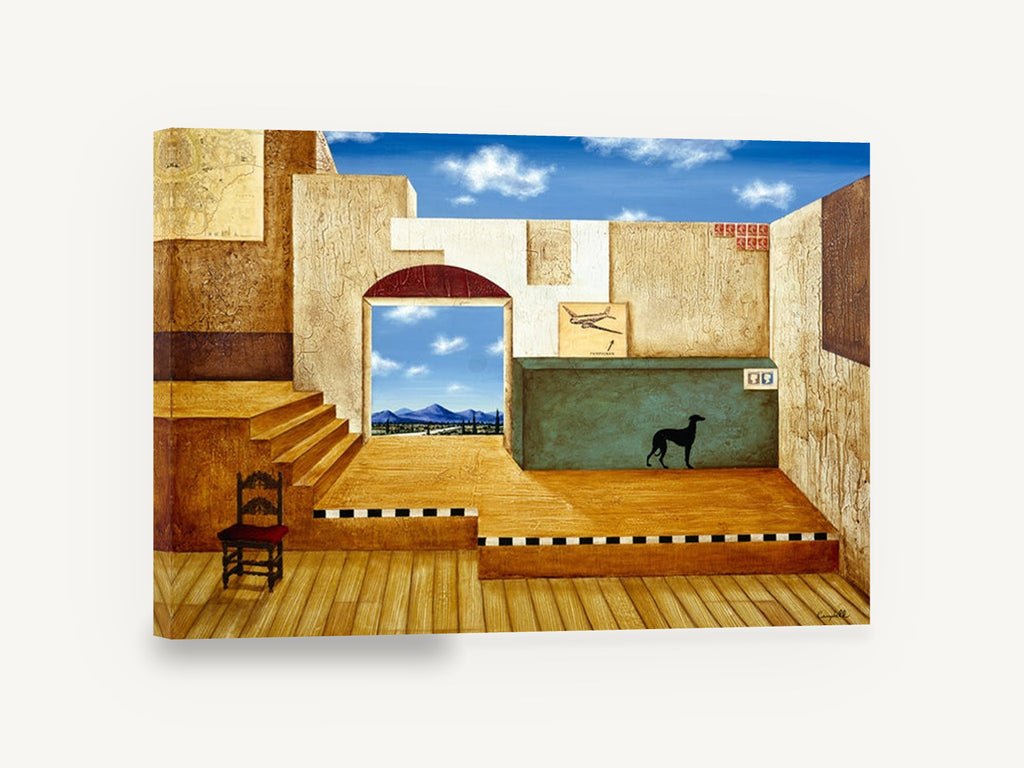 Greyhound Terrace Room, surreal interior greyhound mountain view, landscape canvas wall art print ready to hang