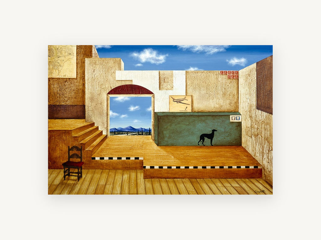 Greyhound Terrace Room, surreal interior greyhound mountain view, landscape canvas wall art print, front view