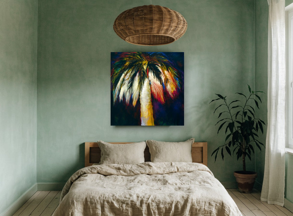 Midnight Palm Glow landscape canvas print on the wall of a bedroom