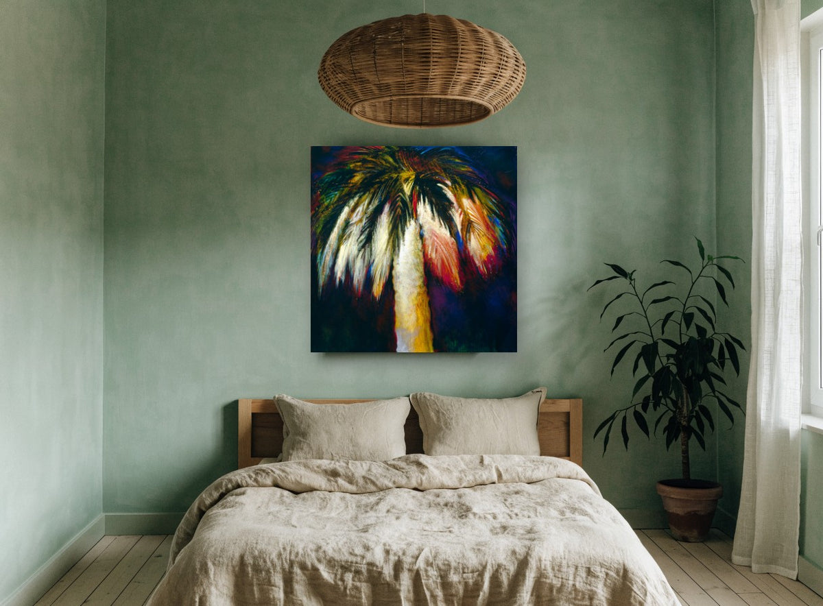 Midnight Palm Glow landscape canvas print on the wall of a bedroom