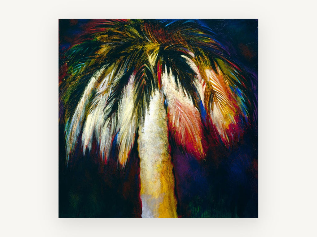Midnight Palm Glow, colourful palm tree night painting, landscape canvas wall art print, front view