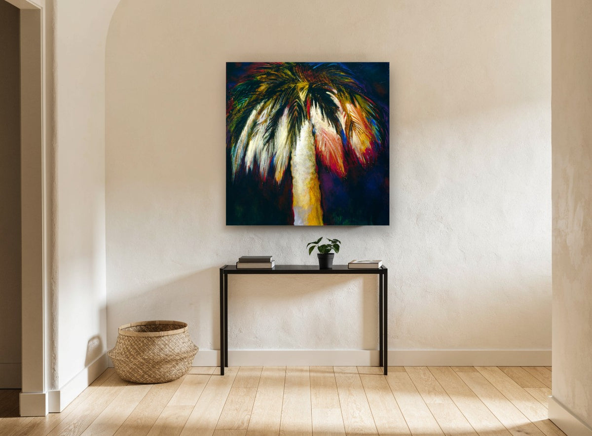 Midnight Palm Glow landscape canvas print on the wall of a hallway
