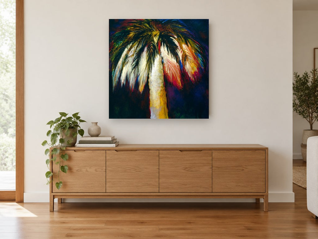 Midnight Palm Glow landscape canvas print on the wall of a living room above a sideboard