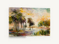 Golden Palm Lagoon, tropical palm lagoon painting style, coastal canvas wall art print ready to hang