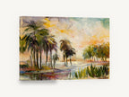 Golden Palm Lagoon, tropical palm lagoon painting style, coastal canvas wall art print ready to hang