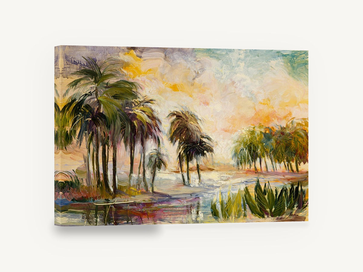 Golden Palm Lagoon, tropical palm lagoon painting style, coastal canvas wall art print ready to hang