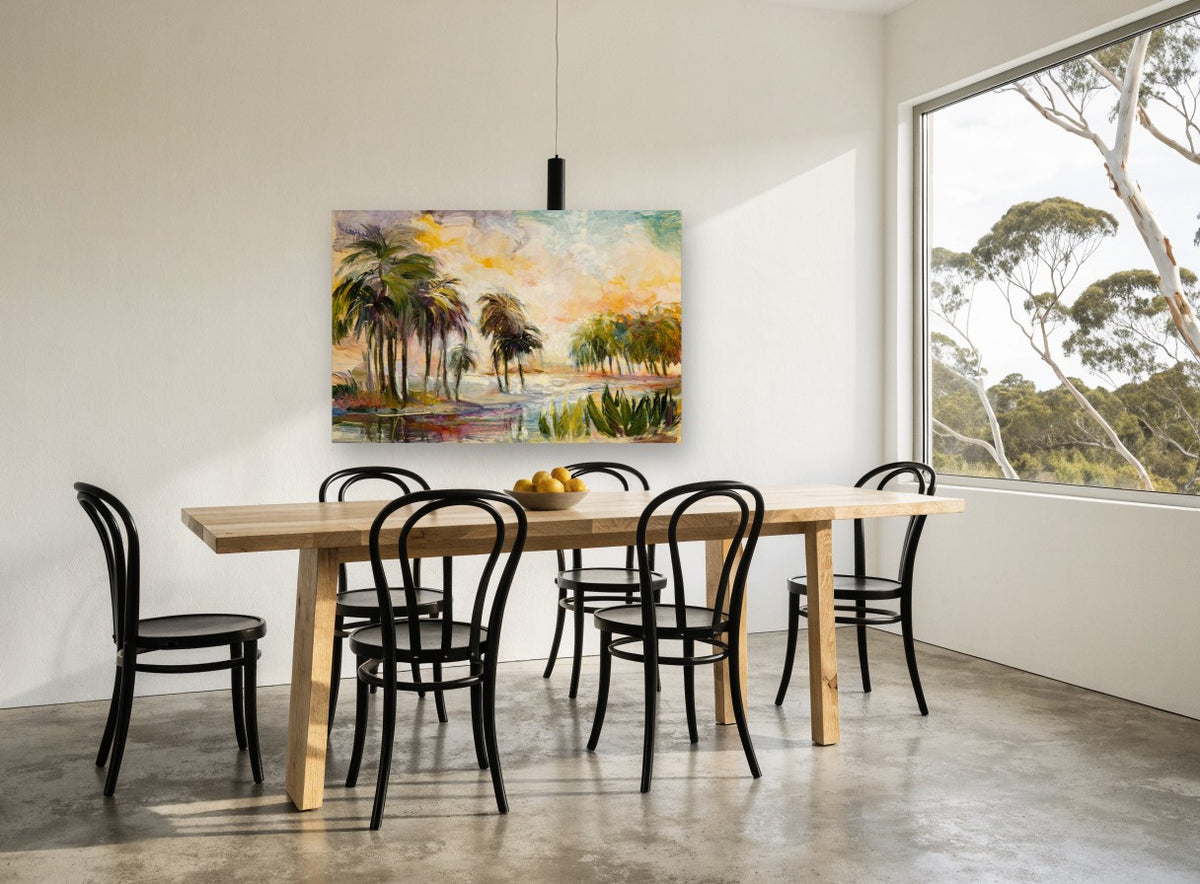 Golden Palm Lagoon coastal canvas print on the wall of a dining room