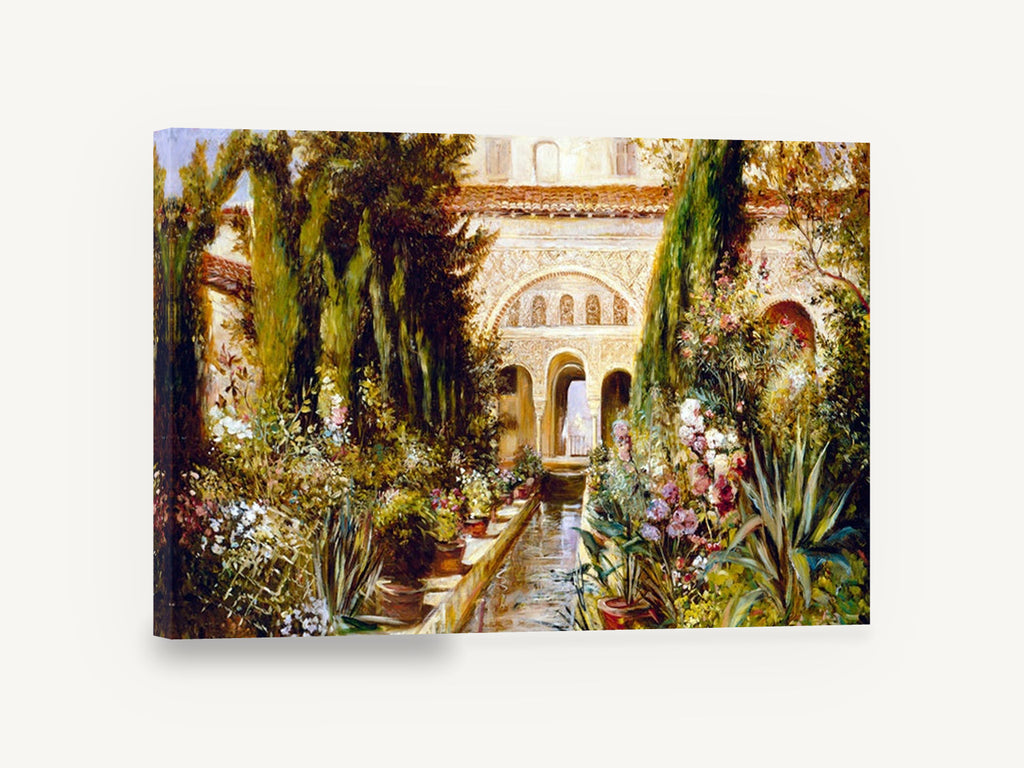 Courtyard Water Garden, moorish courtyard garden flowers painting, floral canvas wall art print ready to hang