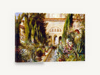 Courtyard Water Garden, moorish courtyard garden flowers painting, floral canvas wall art print ready to hang
