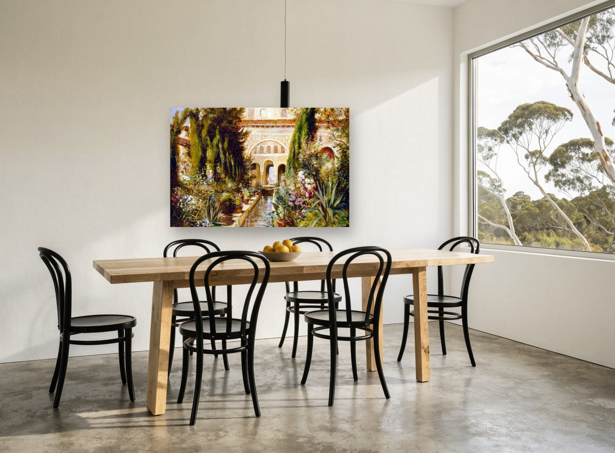 Courtyard Water Garden floral canvas print on the wall of a dining room