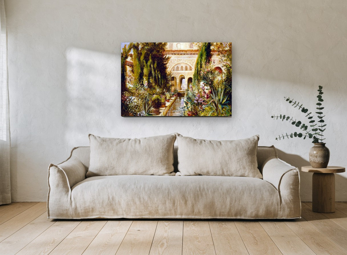 Courtyard Water Garden floral canvas print on the wall of a living room