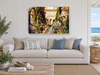 Courtyard Water Garden floral canvas print on the wall of a beach house living room