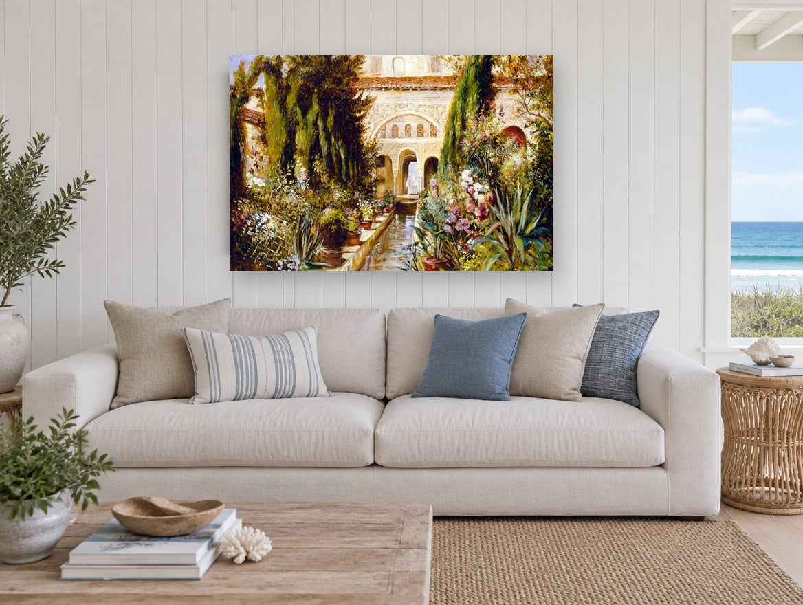 Courtyard Water Garden floral canvas print on the wall of a beach house living room