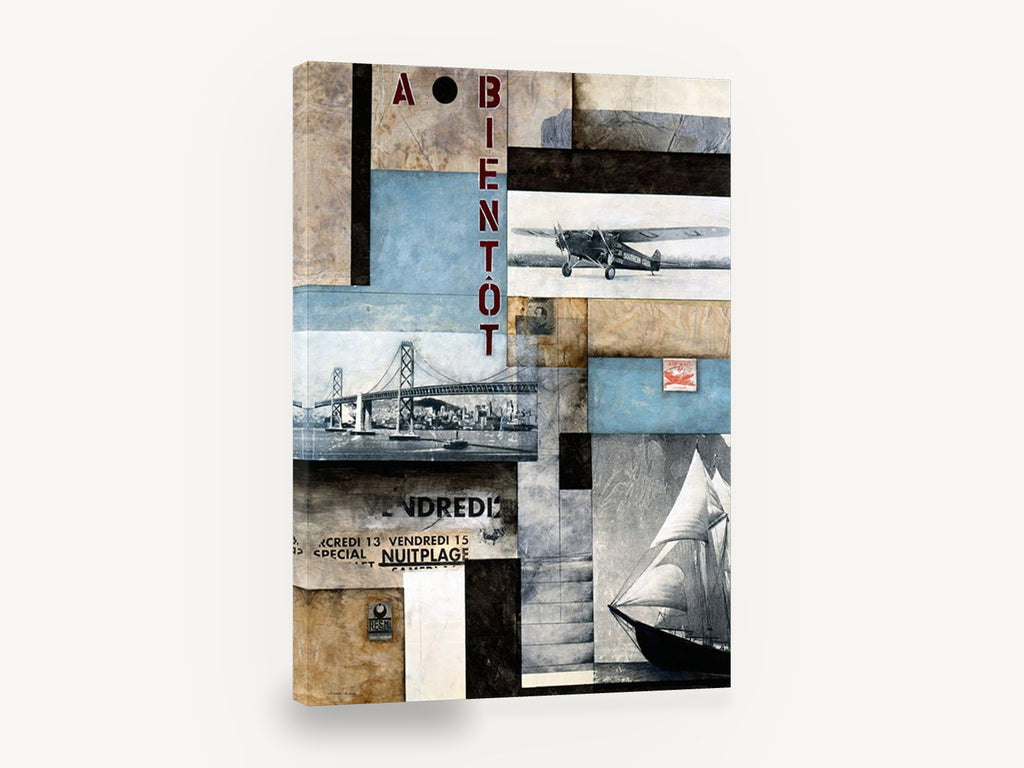 A Bientôt Travel Collage, vintage plane bridge ship collage poster, stretched canvas wall art print ready to hang
