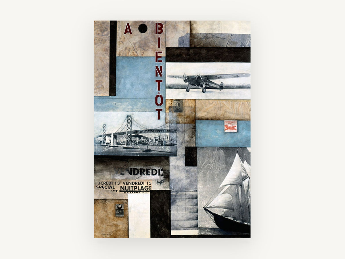 A Bientôt Travel Collage, vintage canvas wall art print, front view