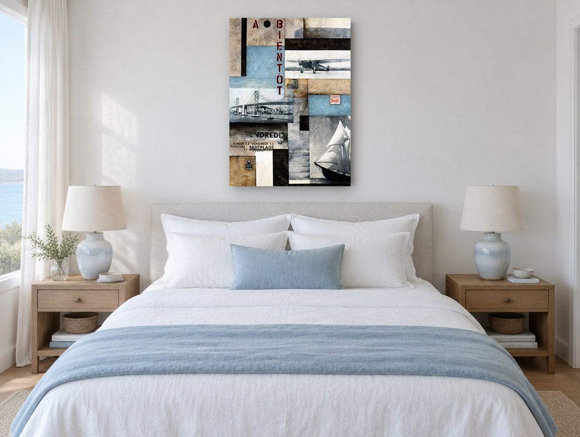 A Bientôt Travel Collage vintage canvas print on the wall of a coastal bedroom