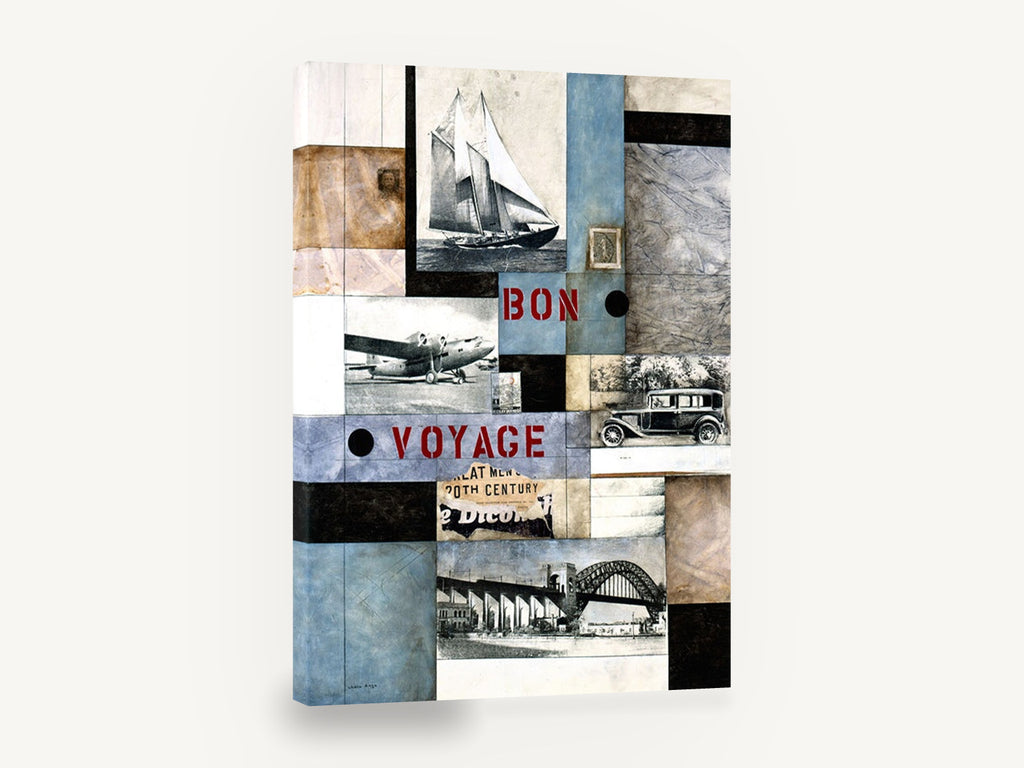 Bon Voyage Collage, vintage bon voyage travel collage, stretched canvas wall art print ready to hang