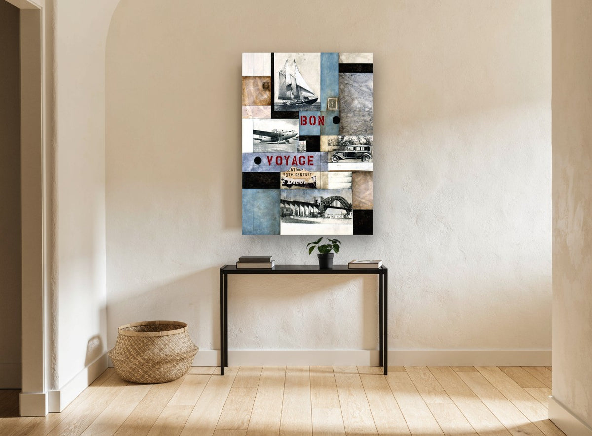 Bon Voyage Collage vintage canvas print on the wall of a hallway