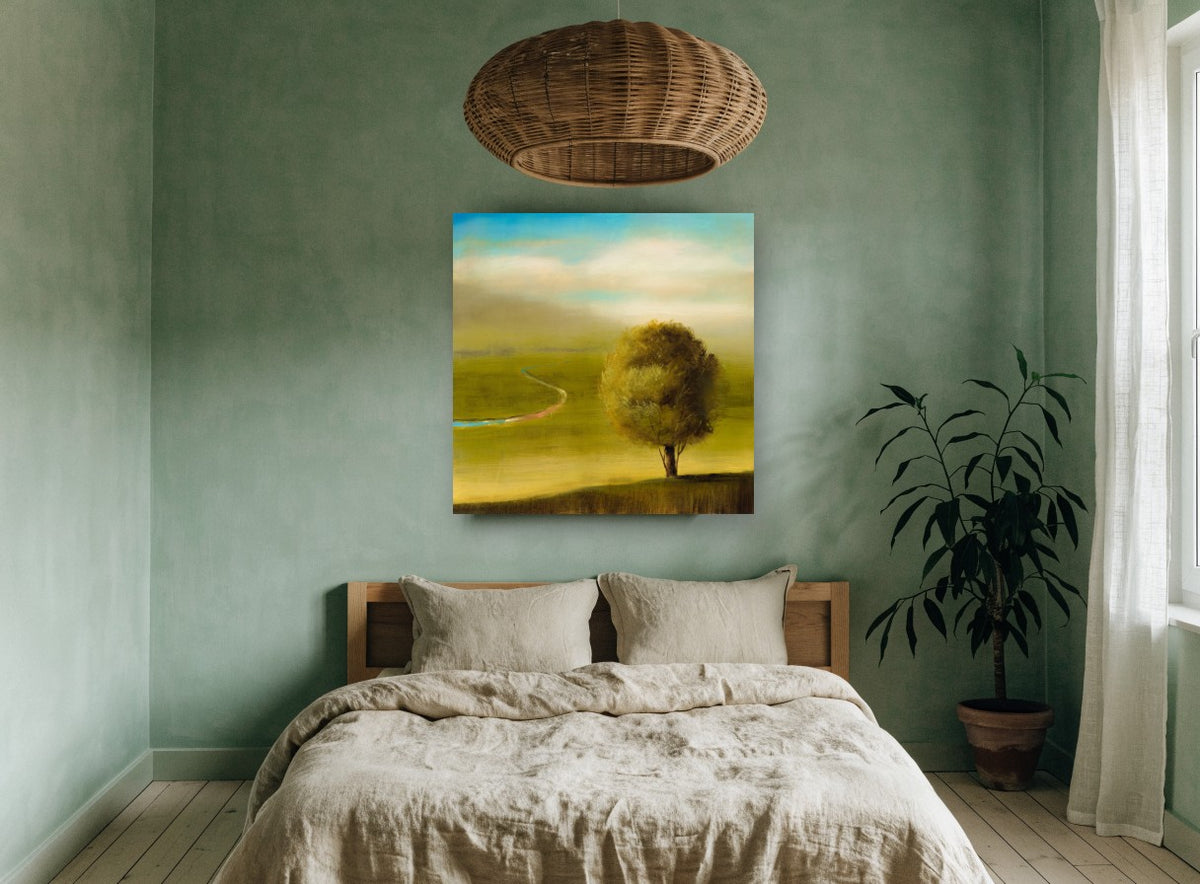 Lone Tree Green Valley landscape canvas print on the wall of a bedroom