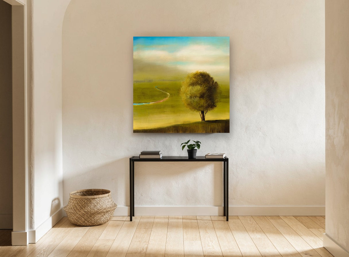 Lone Tree Green Valley landscape canvas print on the wall of a hallway