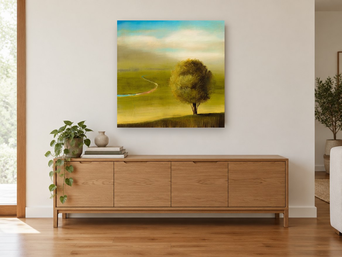 Lone Tree Green Valley landscape canvas print on the wall of a living room above a sideboard