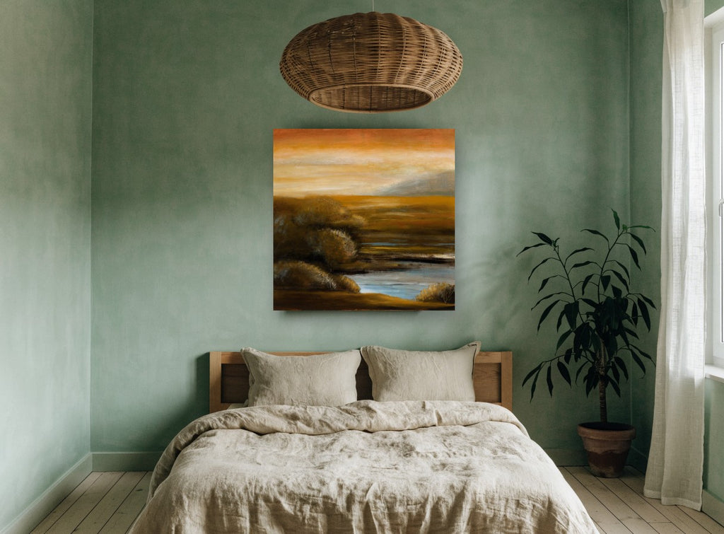 Amber Marsh Dusk landscape canvas print on the wall of a bedroom
