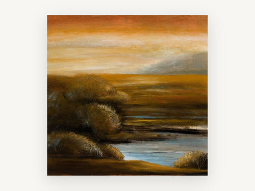 Amber Marsh Dusk, amber marshland sunset landscape painting, landscape canvas wall art print, front view