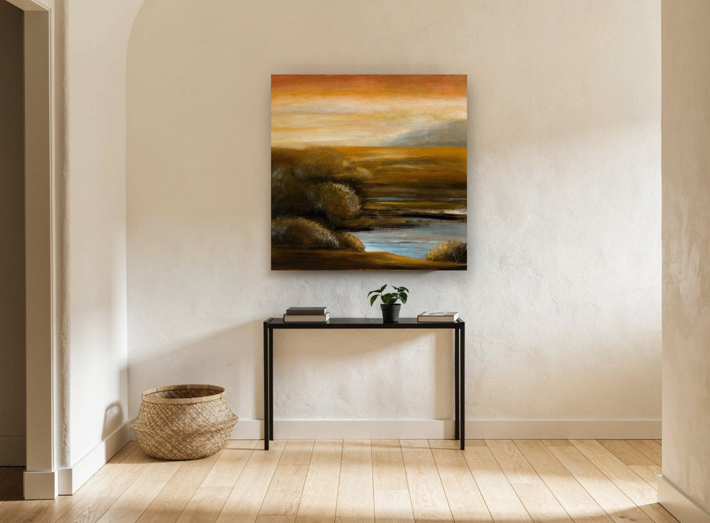 Amber Marsh Dusk landscape canvas print on the wall of a hallway