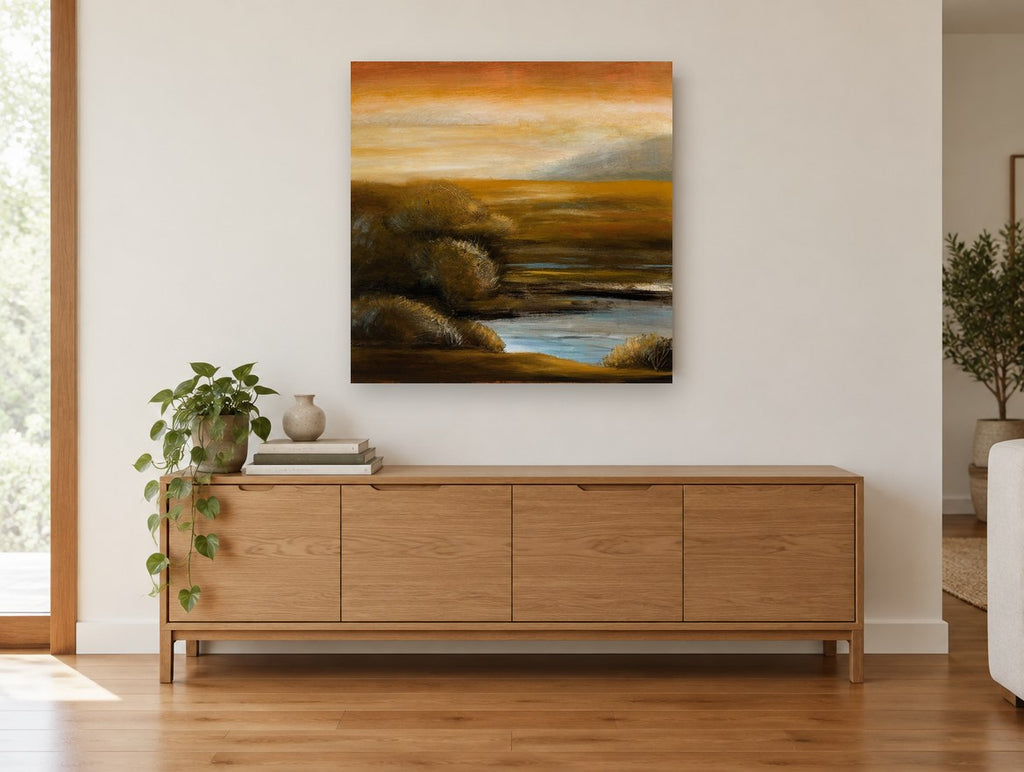 Amber Marsh Dusk landscape canvas print on the wall of a living room above a sideboard