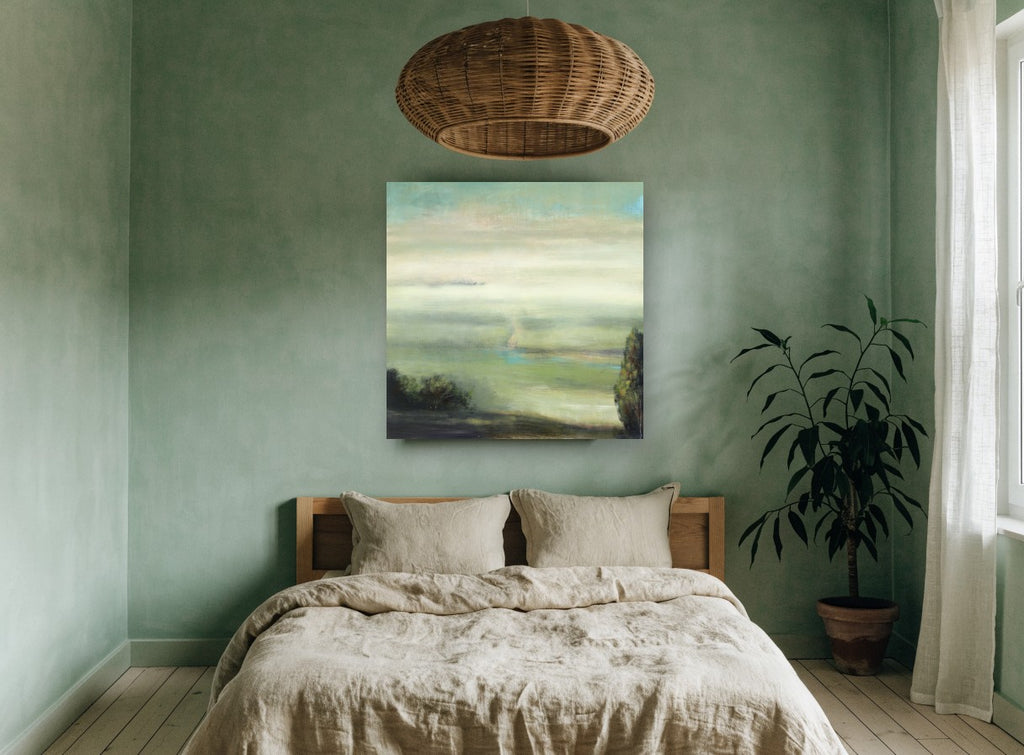 Valley Mist Green landscape canvas print on the wall of a bedroom