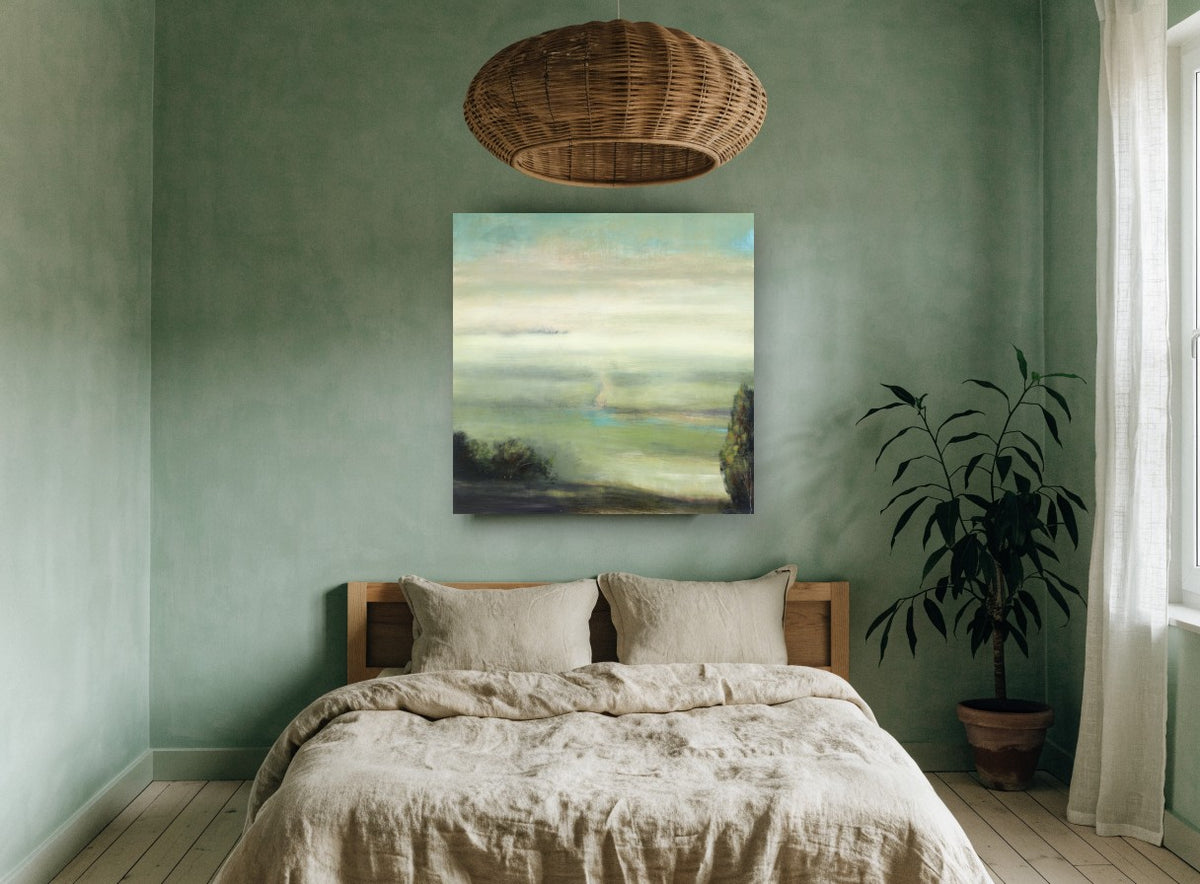 Valley Mist Green landscape canvas print on the wall of a bedroom