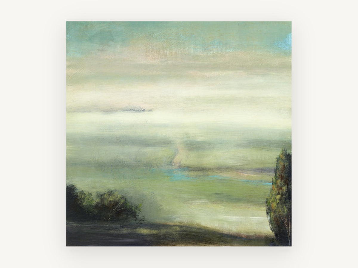 Valley Mist Green, misty green valley landscape painting, landscape canvas wall art print, front view