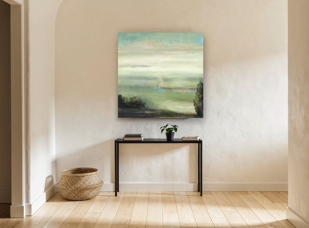 Valley Mist Green landscape canvas print on the wall of a hallway