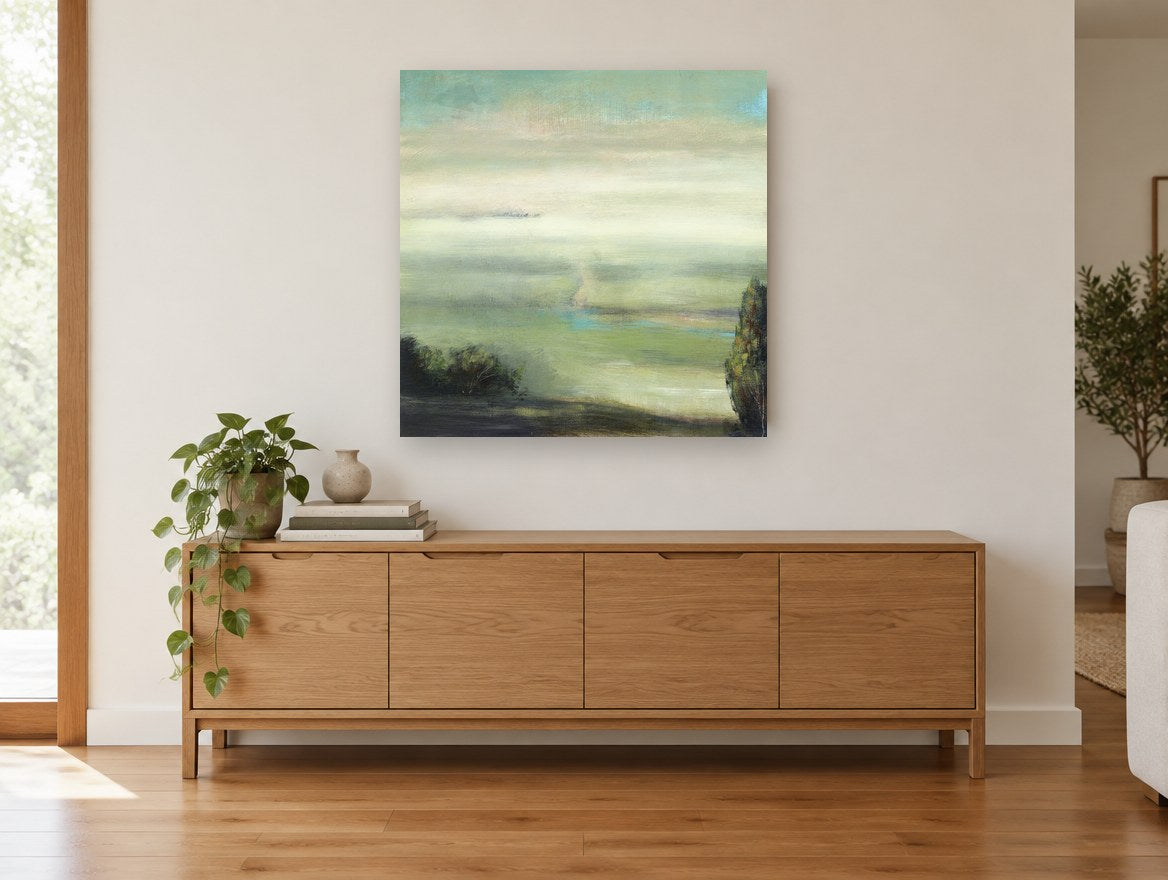 Valley Mist Green landscape canvas print on the wall of a living room above a sideboard