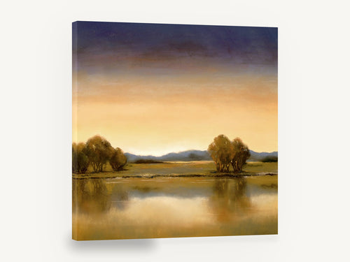 Amber Dusk Waterline, golden dusk lake landscape painting, landscape canvas wall art print ready to hang