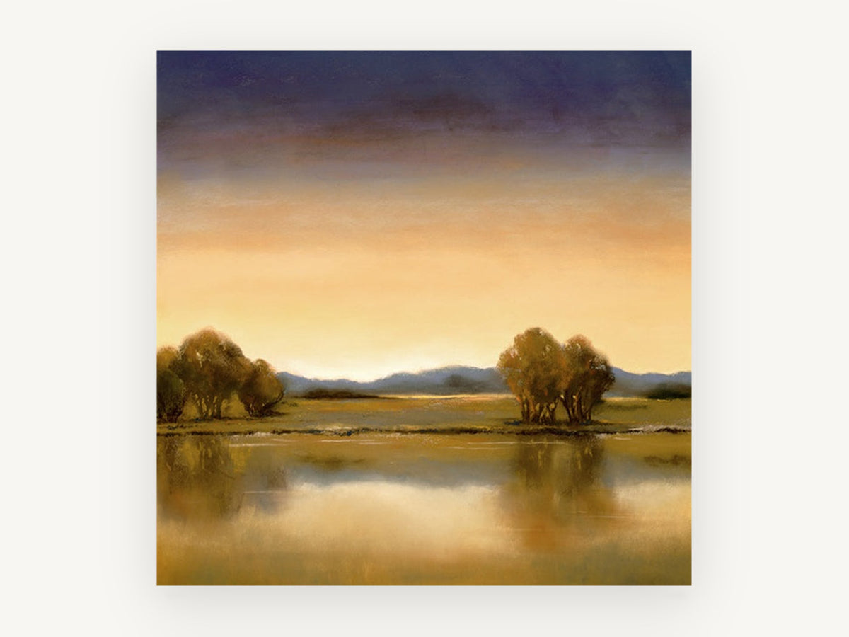 Amber Dusk Waterline, golden dusk lake landscape painting, landscape canvas wall art print, front view